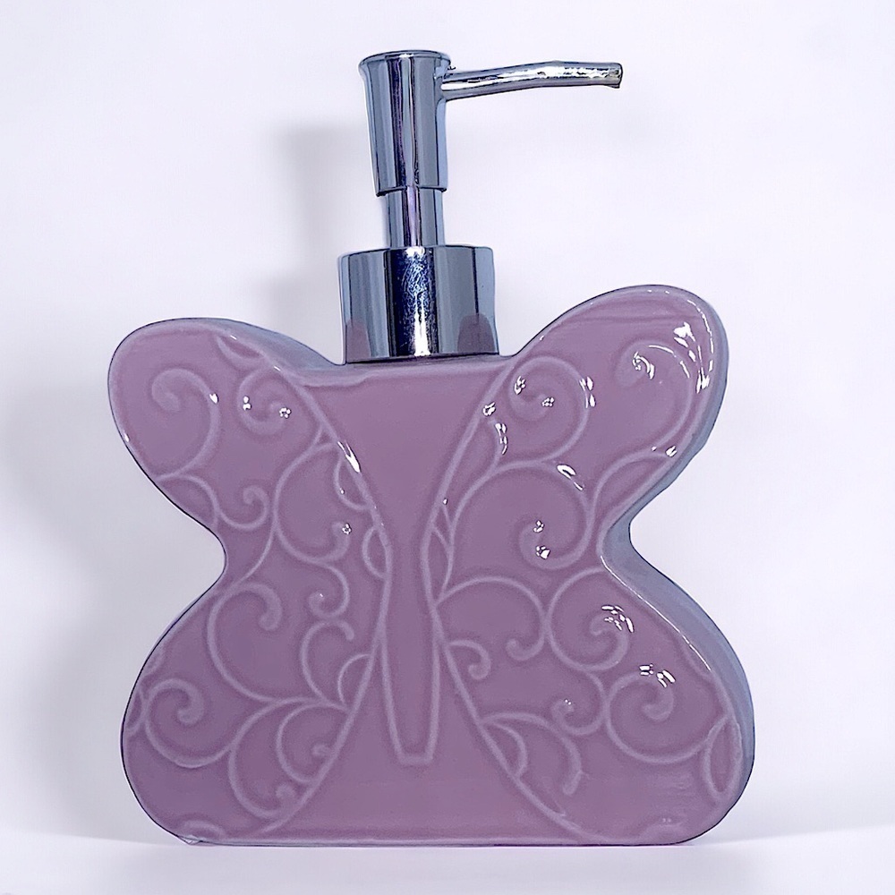 Matt & Maddie Butterfly Soap Lotion Dispenser Embossed 3D Floral Ceramic Pink